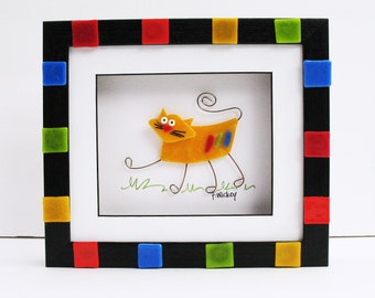 Whimsical sassy yellow fused glass cat in shadowbox frame calico kitten