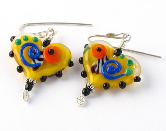 Yellow Heart Bead Whimsical Lampworked Flameworked Glass Earrings Valentine's Day Gift Sterling Silver