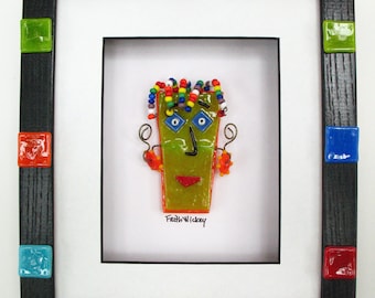 Bright whimsical fused glass face mask bad hair day in shadowbox lampwork earrings