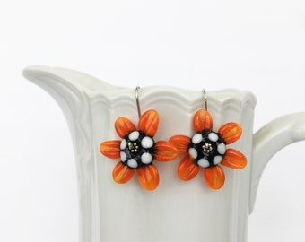 Handmade Orange Lampwork Glass Flower Dangle Earrings Sterling Silver Polka Dot Center