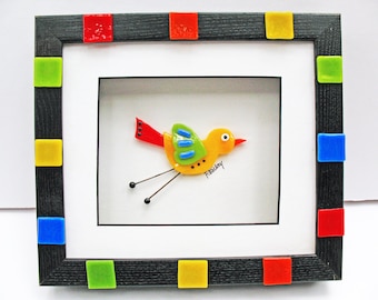 Bright fun whimsical happy flying bird fused flameworked glass in shadowbox multi colors