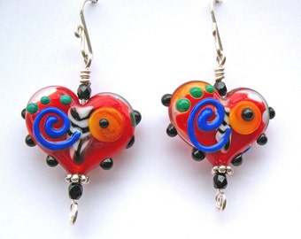 Red Heart Bead Whimsical Lampworked Flameworked Glass Earrings Valentine gift for her Sterling Silver