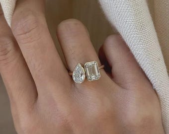 Toi et Moi Bezel Promise Ring, 14K Solid Gold Pear Cut & Emerald Cut Moissanite Engagement Ring, Valentine's Day, Anniversary Gift for Her