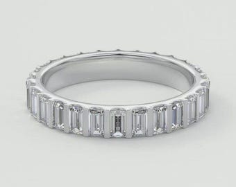 Baguette Moissanite Eternity Wedding Band: 14K Gold Art Deco Stacking Ring, Bar Setting Diamond Band For Her