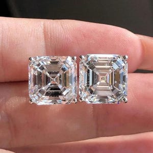 5TCW Asscher Cut-oorbellen, solitaire-stud in 14 kt goud, sierlijke bruidsoorbellen, vierkante Asscher Moissaniet-oorbellen, trouwoorbellen