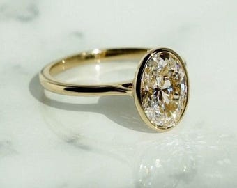 Vintage 2CT Bezel Set Oval Cut Moissanite Engagement Ring, 14K silver Classic Solitaire Ring, Diamond Wedding Jewelry, Promise Gift For Wife