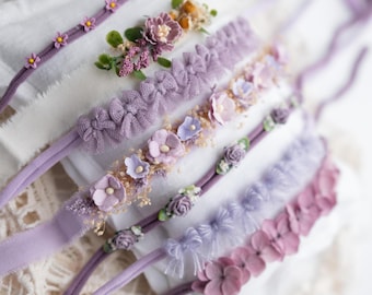 lavender purple mauve  boho-Mini Flower Crown Headband tieback| Baby Girl Photo Prop | Boho Newborn Accessories  White Cream Natural
