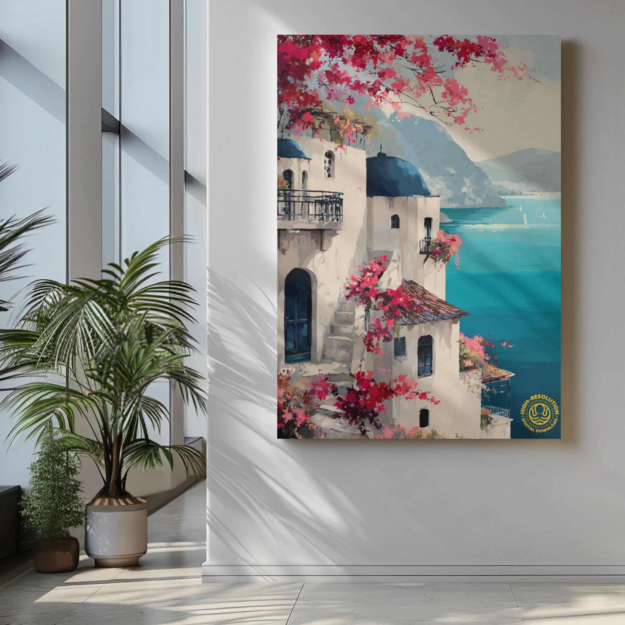 Mediterranean Coastal Floral Printable Wall Art Santorini Landscape ...