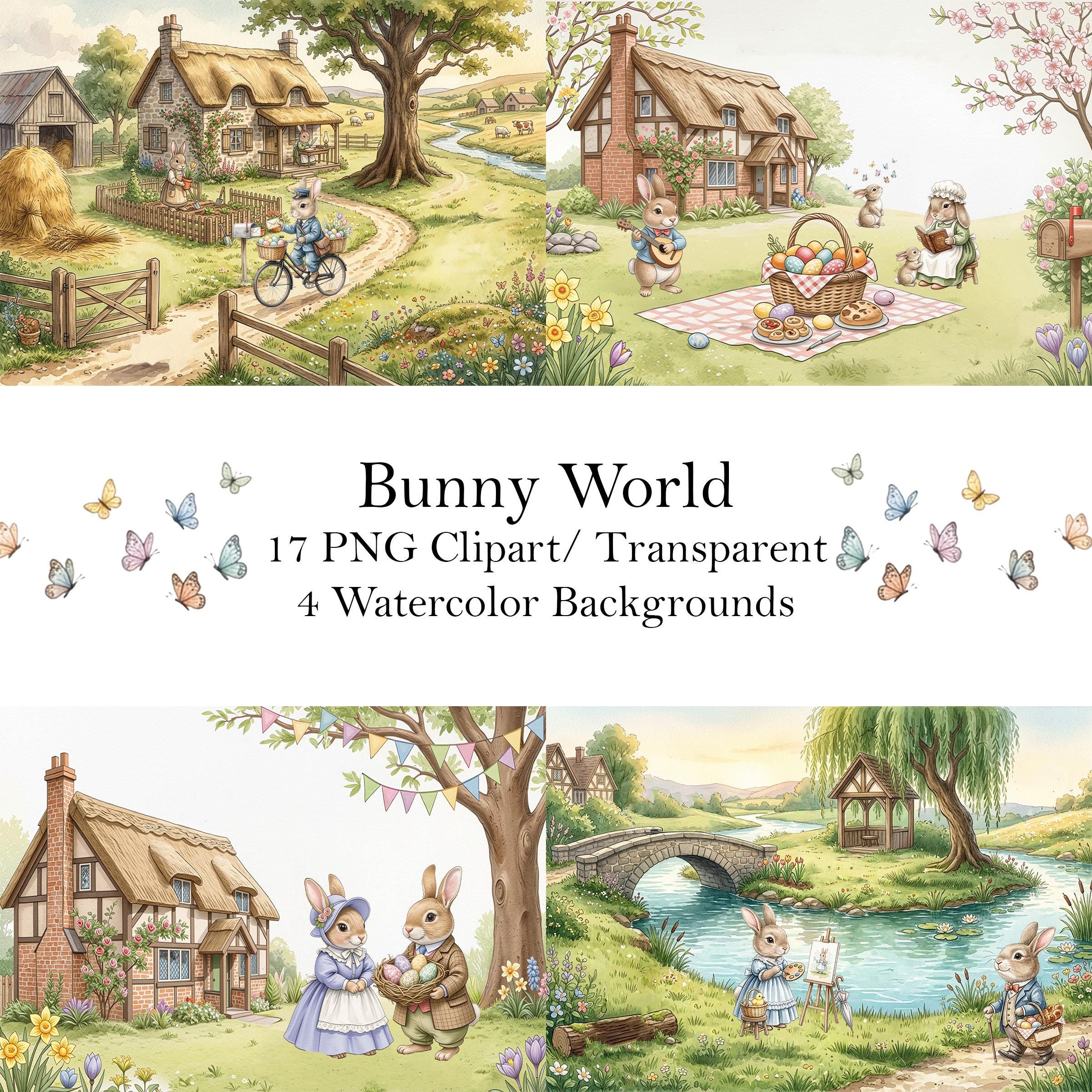 Watercolor Bunny Clipart Bundle – Easter Rabbits, Countryside Scenes ...