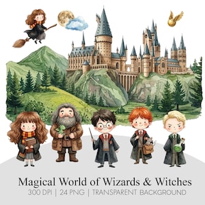 May include: A digital illustration set featuring a large castle, a flying character on a broom, a golden snitch, and five chibi-style characters including a giant, students, and a moon. Text reads: Magical World of Wizards & Witches 300 DPI 24 PNG