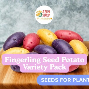 May include: A variety pack of fingerling seed potatoes in shades of purple, red, and yellow, arranged on a wooden cutting board. The image includes text that reads "Fingerling Seed Potato Variety Pack" and "Seeds for Planting."