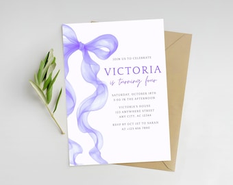 purple bow birthday invitation coquette birthday watercolor bow invite template purple girl birthday invite template purple party invite 5x7