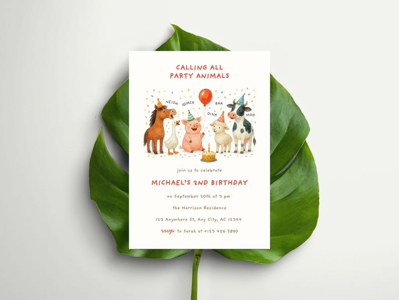 May include: A birthday invitation with the text "CALLING ALL PARTY ANIMALS" and "MICHAEL'S 2ND BIRTHDAY." The invitation features watercolor illustrations of a horse, duck, pig, lamb, and cow, each wearing a party hat. A red balloon floats above the animals.