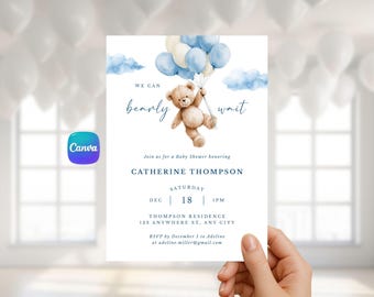 editable brown bear balloon baby shower invitation we can bearly wait baby shower invite blue boy boho bear baby shower invitation template