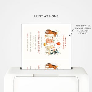 May include: A white sheet of paper with a colorful farm animal-themed birthday invitation is being printed. The invitation features a horse, pig, cow, and other animals. The text reads "Calling All Party Animals" and "Michael's 2nd Birthday."