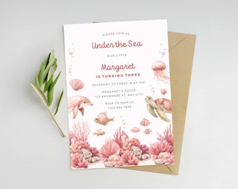 pink sea birthday invite ocean animals invitation under the sea kids birthday party invite template sea creatures invite pink party invite
