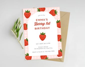 Convite de aniversário de um ano com tema de morango, modelo editável para primeiro aniversário com tema de morango, faça você mesmo