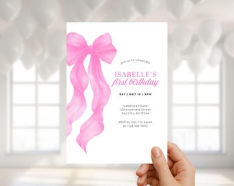 coquette invitation d'anniversaire avec noeud rose modèle d'invitation de noeud aquarelle rose modèle d'invitation d'anniversaire fille rose noeud d'invitation d'anniversaire rose fête