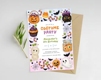 May include: A Halloween-themed invitation with a pink and blue background. The invitation features illustrations of a pumpkin, cupcake, mummy, and other spooky elements. Text on the invitation reads "Costume Party" and includes event details for Alexander's 8th birthday.