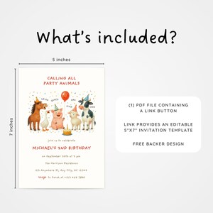 May include: A 5x7 inch invitation template with the text "Calling All Party Animals" and "Michael's 2nd Birthday". The design features watercolor illustrations of farm animals. Includes a PDF file with a link button.