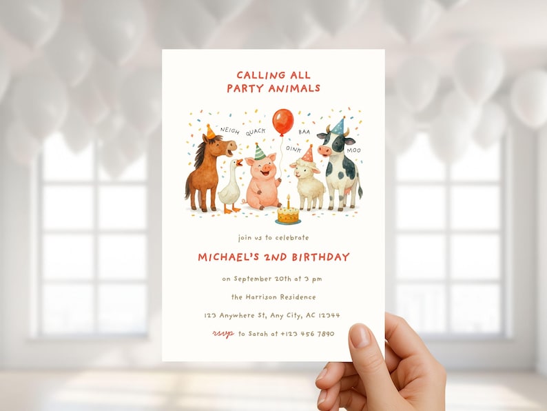 May include: A birthday invitation with the text "CALLING ALL PARTY ANIMALS" and "MICHAEL'S 2ND BIRTHDAY". The invitation features watercolor illustrations of farm animals, including a horse, goose, pig, lamb, and cow, all wearing party hats.