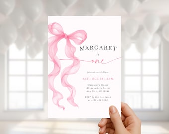rose noeud premier anniversaire invitation coquette vichy invitation aquarelle noeud d'invitation modifiable coquette modèle d'invitation invitation de petite fille mignonne
