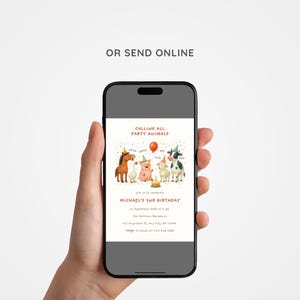 May include: A smartphone displays a birthday invitation with watercolor illustrations of farm animals. The invitation reads "Calling All Party Animals" and includes details for Michael's 2nd birthday.
