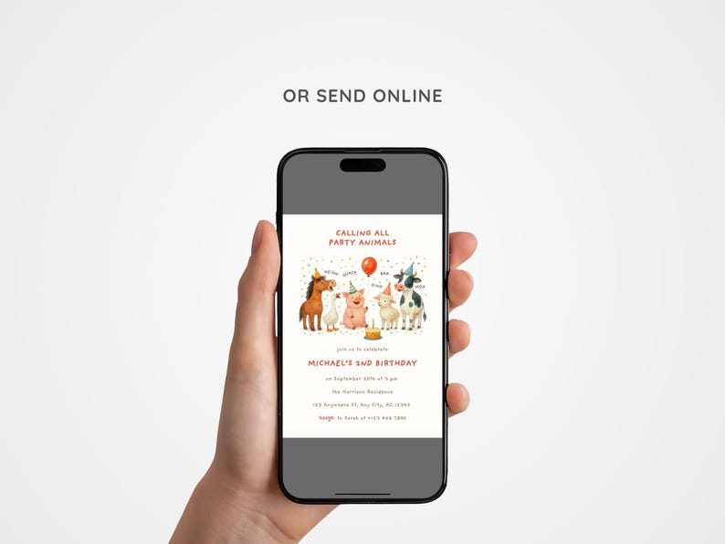 May include: A smartphone displays a birthday invitation with watercolor illustrations of farm animals. The invitation reads "Calling All Party Animals" and includes details for Michael's 2nd birthday.