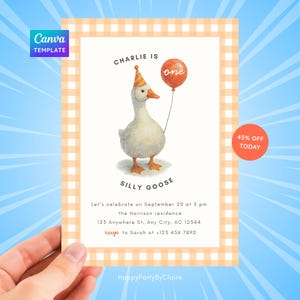 Goose Birthday Invitation Template, 1st Birthday Party Invitation Template Gingham Background One Silly Goose Theme, Editable Canva Template