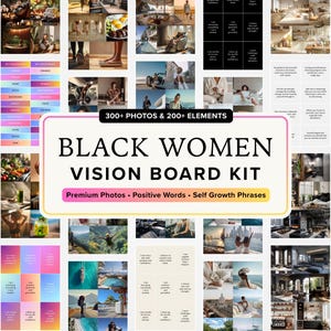 Puede incluir: Un kit de vision board con el texto "BLACK WOMEN VISION BOARD KIT". El kit incluye fotos premium, palabras positivas y frases de crecimiento personal. La imagen es un collage de fotos y elementos.
