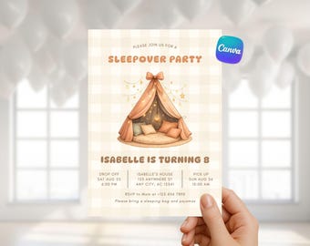 Invitation d'anniversaire minimaliste pour une soirée pyjama, soirée pyjama entre filles, invitation à une soirée entre filles, anniversaire d'enfants, tente glamping, invitation à une soirée pyjama d'anniversaire