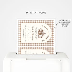 May include: Printed baby shower invitations on a printer. The invitations feature a brown gingham pattern and the text "A Baby is Brewing." The invitations are designed to fit two per US letter size paper (11"x8.5").