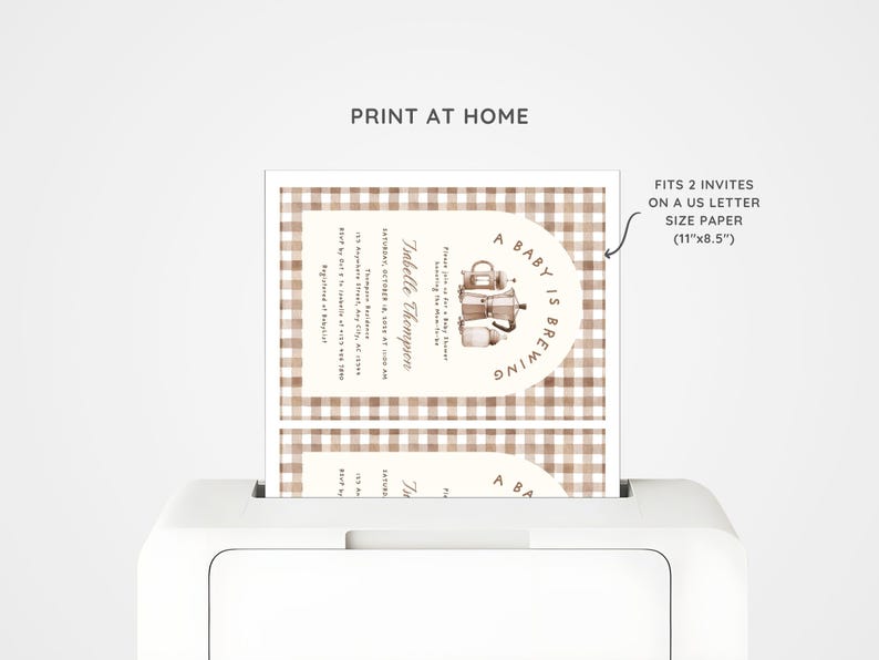 May include: Printed baby shower invitations on a printer. The invitations feature a brown gingham pattern and the text "A Baby is Brewing." The invitations are designed to fit two per US letter size paper (11"x8.5").