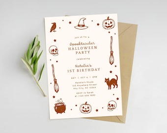 May include: A Halloween party invitation with brown illustrations of a crow, witch hat, pumpkin, skull, broom, black cat, cauldron, and stars. The text reads "Spooktacular Halloween Party" celebrating Natalia's 1st Birthday.