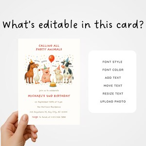 May include: A birthday invitation with the text "CALLING ALL PARTY ANIMALS" and "MICHAEL'S 2ND BIRTHDAY." The invitation features watercolor illustrations of farm animals and a red balloon. The card also lists editable options.