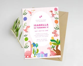 Pastel Dinosaur Birthday Invitation Template Girl Dino Party T Rex Pink Dino Kids Invite Girl Dinosaur Party Pink Forest Birthday Invite 5x7
