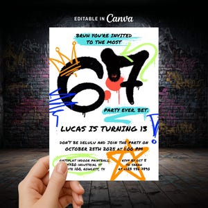 Invitación para fiesta de cumpleaños con meme de seis y siete años, invitación para fiesta de cumpleaños número 13 con grafiti y pintura en aerosol, invitación para la Generación Z y la Generación Alfa, invitación genial para adolescentes y niños.
