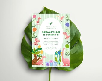 May include: A birthday invitation with a dinosaur theme. The invitation features a green and white striped background with illustrations of pink dinosaurs, balloons, and foliage. The text reads "Sebastian is turning 3!" and includes event details.