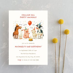 May include: A white invitation card with the text "CALLING ALL PARTY ANIMALS" and "MICHAEL'S 2ND BIRTHDAY". The card features watercolor illustrations of farm animals wearing party hats. A red balloon floats above the animals.