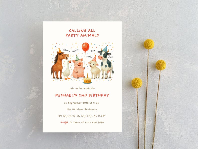 May include: A white invitation card with the text "CALLING ALL PARTY ANIMALS" and "MICHAEL'S 2ND BIRTHDAY". The card features watercolor illustrations of farm animals wearing party hats. A red balloon floats above the animals.
