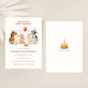 May include: A two-sided birthday invitation with a farm animal theme. The front features a horse, pig, duck, sheep, and cow with party hats. The text reads "Calling All Party Animals" and "Michael's 2nd Birthday." The back shows a cake with a candle.