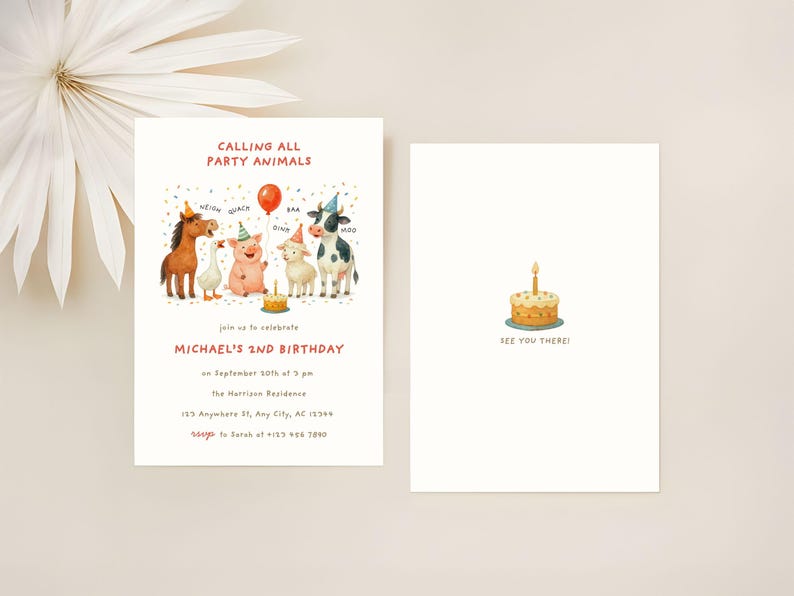 May include: A two-sided birthday invitation with a farm animal theme. The front features a horse, pig, duck, sheep, and cow with party hats. The text reads "Calling All Party Animals" and "Michael's 2nd Birthday." The back shows a cake with a candle.