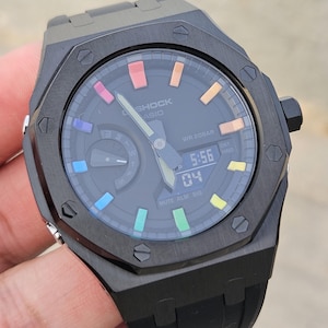 Hand-Painted Casio G-Shock GA-2100 Rainbow Index | Custom Octagon Black Watch | Unique Gift for Men
