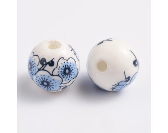 12mm Blue Flower Pattern Handmade Painted Porcelain Clay Beads 10pcs