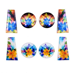 Floral Orange and Blue Flower 1&quot; Round Polyurethane Cabochon Beading Focal Center 8pcs Not Epoxy