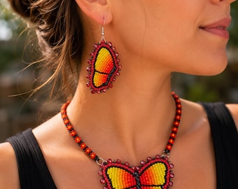 Indigenous Beaded, Red Fire Butterfly Necklace Earring Set, Flower Beaded Chain, Native Beadwork
