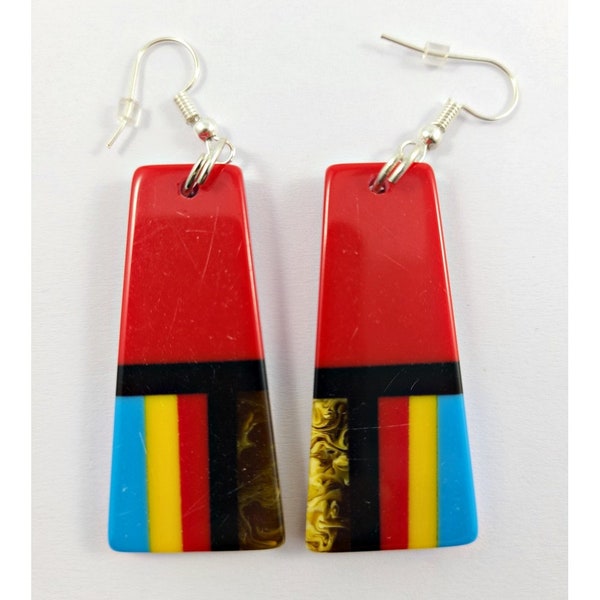 Native Slab Earring Pair Inlay Handmade Red Trapezoid