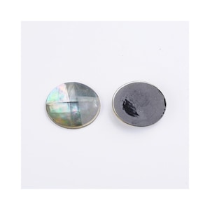 May include: A round, iridescent, mother-of-pearl button with a black backing.