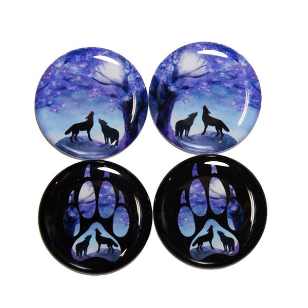 Cabochons ronds en polyuréthane 2,5 cm Blue Wolf and Paw, 4 pièces