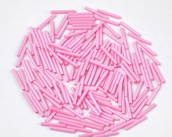 15mm Long Glass Bugle Beads Pearl Pink 20g